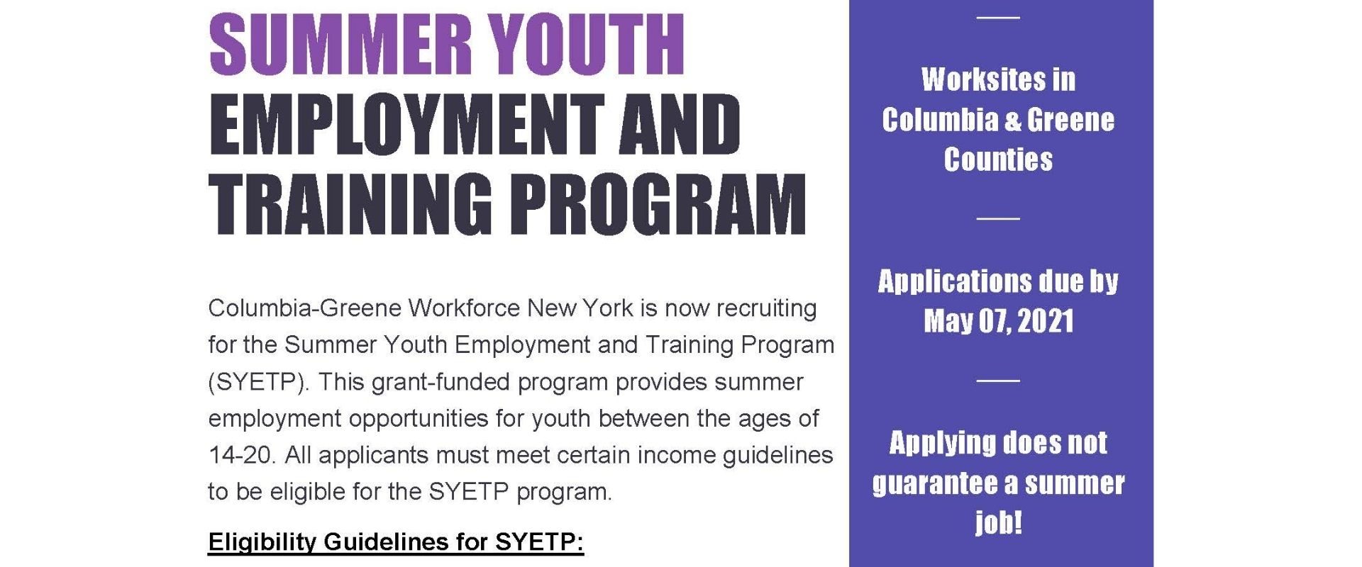 Summer Employment Program for Students Ages 14+ Ichabod Crane Central