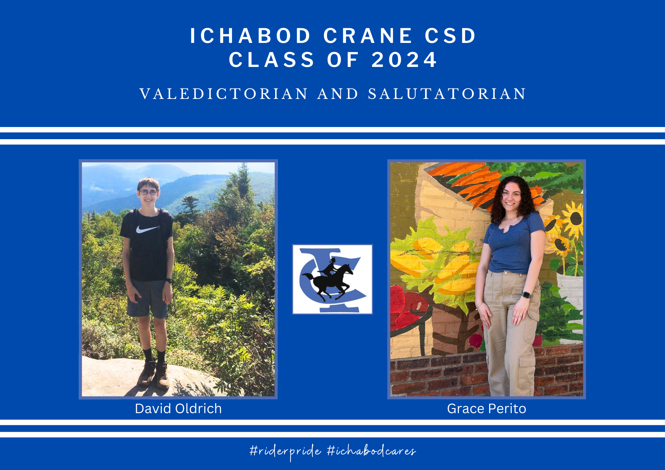 Graphic displaying the Class of 2024 Valedictorian, David Oldrich, and Salutatorian, Grace Perito.