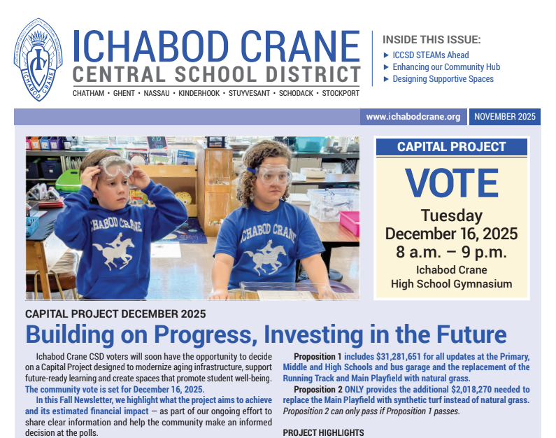 This is a screenshot of the front page of the Fall 2025 Ichabod Crane CSD Newsletter, which takes a close look at the Capital Project that goes to a vote on December 16. 