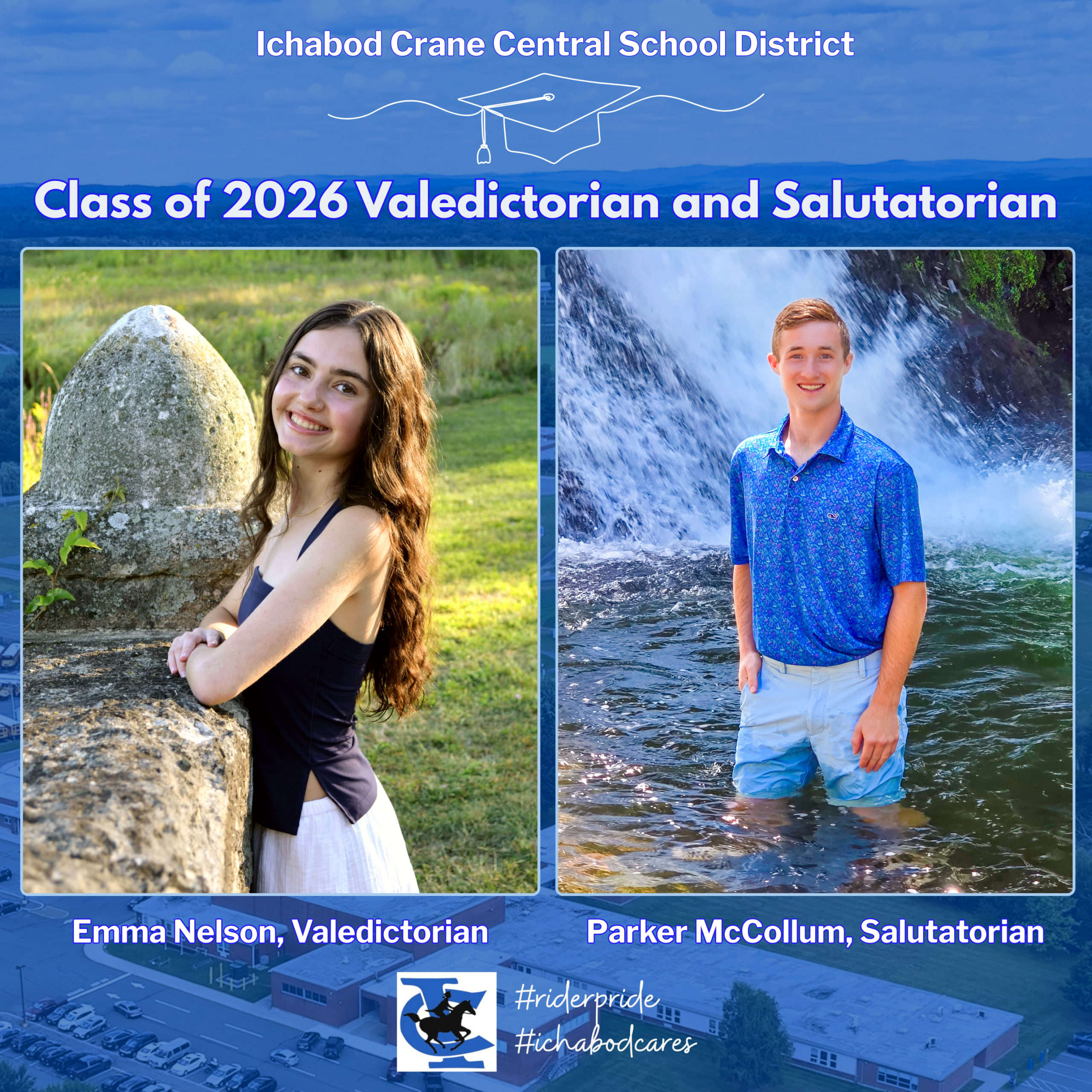 This is a graphic that includes photographs of Emma Nelson, Valedictorian and Parker McCollum, Salutatorian, with text that says Class of 2026 Valedictorian and Salutatorian. 