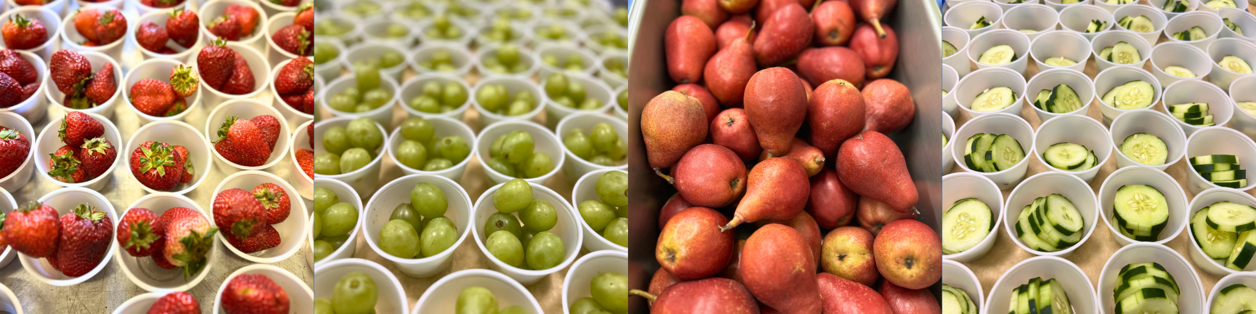 Pictures of strawberries, grapes, pears and cucumbers served in Ichabod Crane cafeterias.
