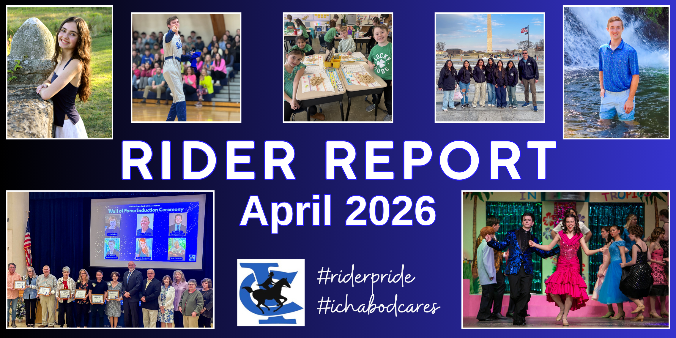 This is a photo collage featuring pictures of the valedictorian and salutatorian, as well as photos from our Spirit Week, Wall of Fame Induction Ceremony, 8th-Grade Washington, D.C. trip and Crane Acting Troupe's spring production of Grease. 