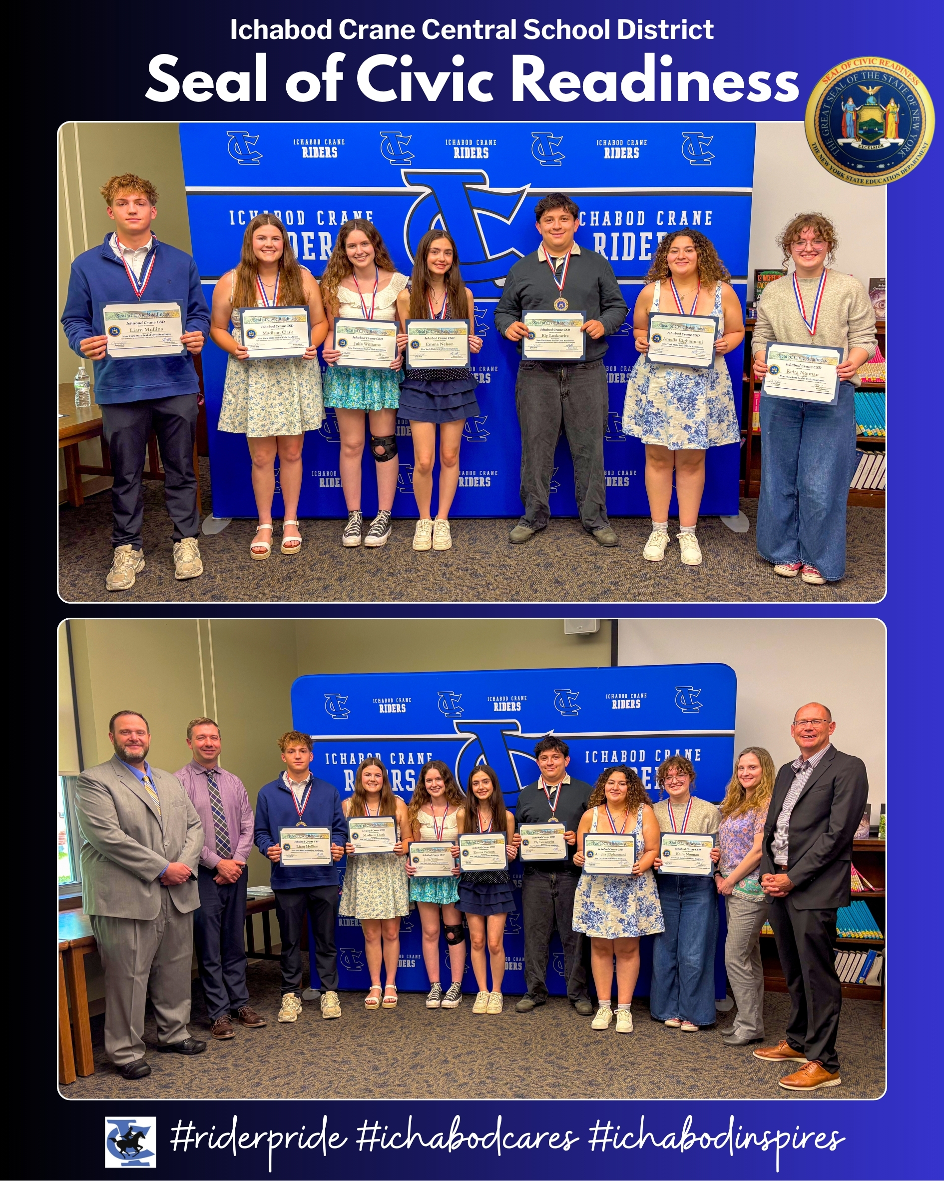 Collage of photos with seven out of eight of the recipients of the NYS Seal of Civic Readiness. The bottom picture also includes High School teachers Mr. Allard and Mr. Sanger, along with Principal Shull and Asst. Principal Sanchez. 