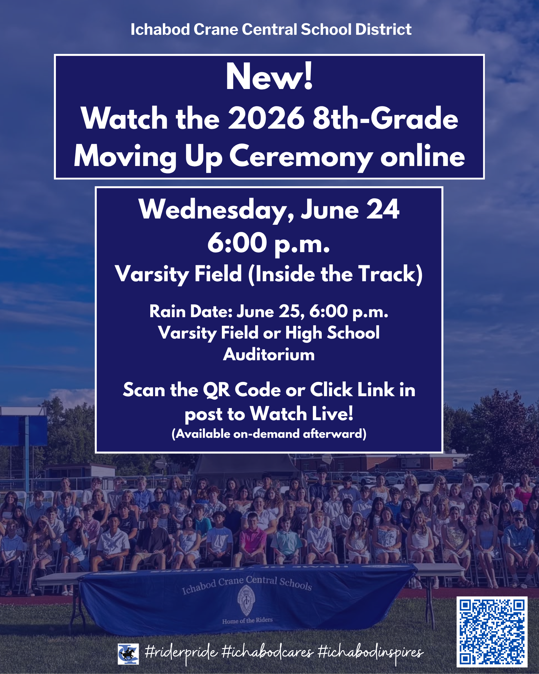 This is a graphic using text and photos to announce the Moving Up Livestream, new this year. There is a QR code in the design. All of the information except the QR code is in the body of the post.